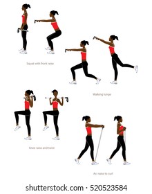 Black female workout with the walking sticks and resistance band. Lunge, squat, twist. Vector illustration