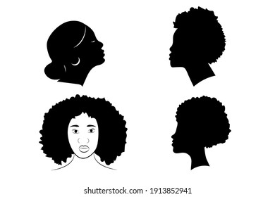 Black females silhouettes, face profile, vignette. Afro woman in profile.  Hand drawn vector illustration, isolated on white background. Design for invitation, greeting card, vintage style.