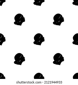 Black females silhouettes, face profile, vignette. Woman in profile. Hand drawn vector seamless pattern on white background. Design for invitation, greeting card, vintage style.