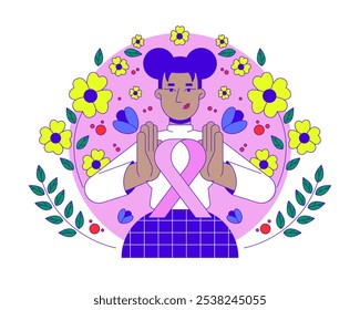 Black feminist movement of pink ribbon 2D illustration concept. Breast cancer solidarity. African american woman femininity cartoon character isolated on white. Metaphor abstract flat vector graphic