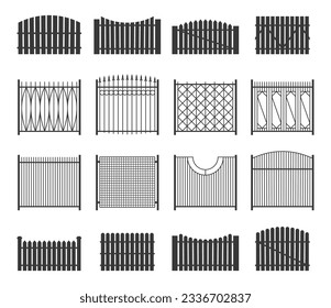 Schwarze Zaun-Sammlung. Bauernpalisade, Landgartenmauer, Privatzaun, Gartenschutz. Vektor-Einzelsatz. Bau von Eisenbügeleisen, schwarzes Tor in Außenschmiedeform