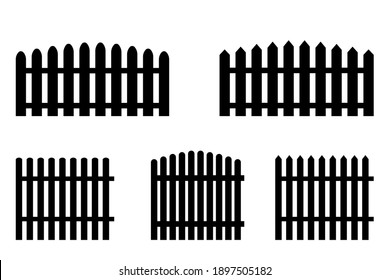 Black fence in rustic style. Sections of different fences. Black parts of inclosure. Stock image. EPS 10.
