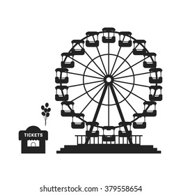 black ferris wheel with cash desk. concept of skyline, tower badge, event, admission, access, cityscape, shop, celebration. flat style trend modern logo design vector illustration on white background