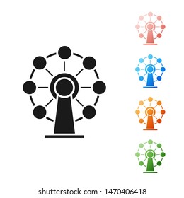 Black Ferris wheel icon isolated on white background. Amusement park. Childrens entertainment playground, recreation park. Set icons colorful. Vector Illustration
