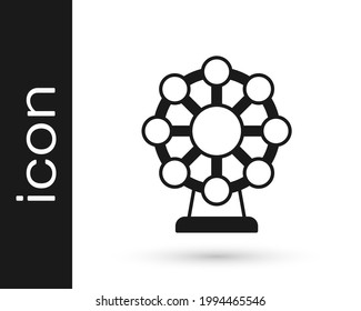 Icono de la noria negra aislado sobre fondo blanco. Parque de atracciones. Zona de juegos infantil, parque recreativo.  Vector