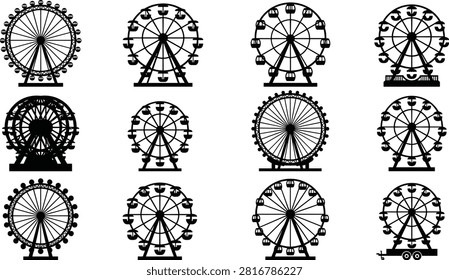 Black Ferris wheel silhouette collection featuring amusement park rides with passenger cabins, decorative frames and varied carnival wheel designs