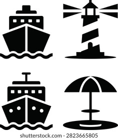 Black ferry boat and lighthouse icons set on water