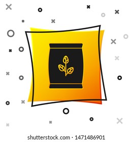 Black Fertilizer bag icon isolated on white background. Yellow square button. Vector Illustration