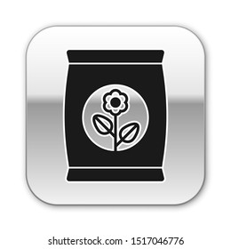 Black Fertilizer bag icon isolated on white background. Silver square button. Vector Illustration