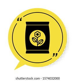 Black Fertilizer bag icon isolated on white background. Yellow speech bubble symbol. Vector Illustration