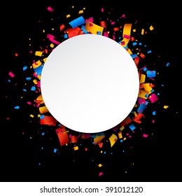 Black festive background with color confetti. Vector illustration.