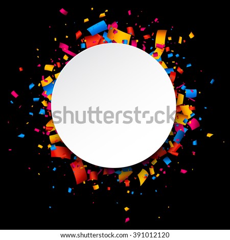 Black festive background with color confetti. Vector illustration.