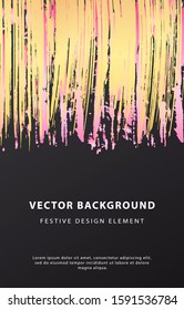 Black festive background with gold brush stroke design element. Hand drawn grunge acrylic smear paint stain