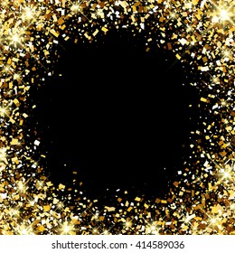 Black festive background with golden confetti. Vector illustration.