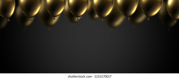 Black festive banner with gold shiny balloons. Holiday decoration. Vector background.