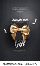 Black Festive flyer or poster. Top view on gift box and bow with beautiful backdrop. Vector illustration