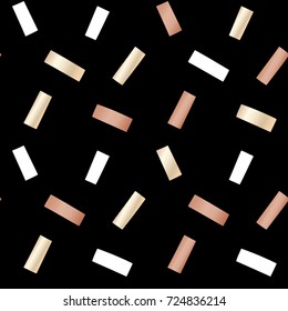 Black festive packaging paper with rectangles made of gold and bronze foil. Seamless vector pattern.