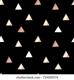 Black festive packaging paper with triangles made of gold and bronze foil. Seamless vector pattern.