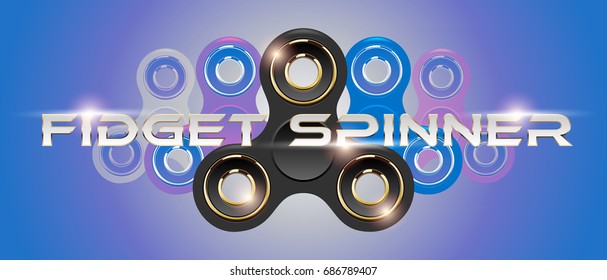 Black fidget finger spinner horizontal web banner with white text. Stress relief hand toy with light effect flare. Vector for label, advertisement, brochure. Retro style purple background.