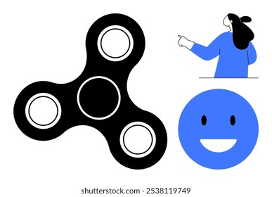 Un fidget spinner negro con una cara sonriente azul y una persona señalando. El fondo es blanco. Ideal para diseños lúdicos, alivio del estrés, felicidad y simplicidad en la educación. Diseño plano y moderno