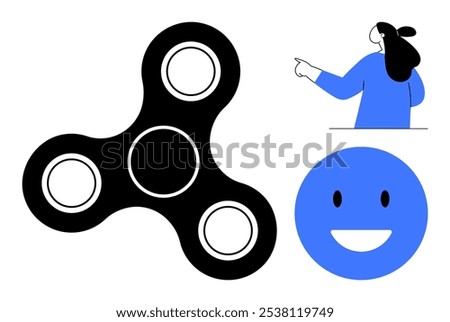 A black fidget spinner a blue smiling face and a person pointing. The background is white. Ideal for playful designs stress relief happiness education simplicity. Flat modern design