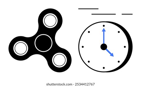 Fidget spinner negro junto a un reloj con las manos azules apuntando a 9 y 12. Ideal para el alivio del estrés, la relajación, la gestión del tiempo, la productividad, el enfoque. Limpio, moderno, minimalista