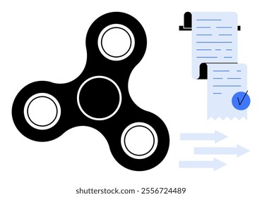 Black fidget spinner next to a document with checkmark and arrows indicating approval and flow. Ideal for productivity, task management, approval process, stress relief, and efficiency