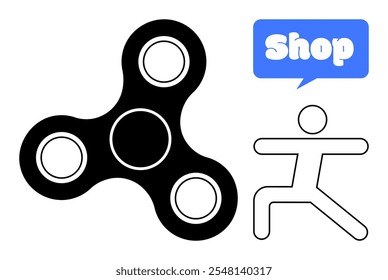 Fidget spinner negro junto a una figura de palo con una burbuja de discurso azul que contiene la palabra Tienda. Ideal para tiendas de juguetes, iconos de compras, gráficos juguetones, productos para niños, mercados en línea