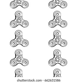Black fidget spinner seamless pattern. Vector hand drawn fashion illustration on white background in watercolor style.