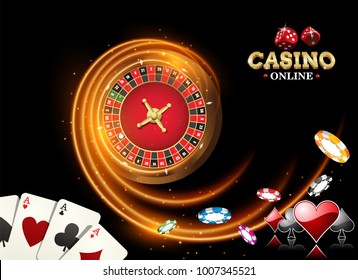 Black fiery design casino banner with roulette, poker chips, playing cards. Vector illustration the wheel fortune in casino