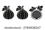 Black fig fruit icons set with whole and sliced figs with seeds, line art