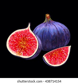 Black figs.Whole figs with a slice isolated on a black background. Vector illustration.