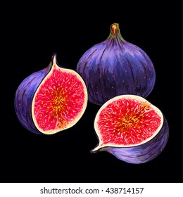 Black figs.Whole figs with a slice isolated on a black background. Vector illustration. 
