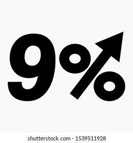 The black figure is 9  percent increase. Price increase icon. Sales. Profit growth. Increase revolutions. The increase in interest in the bank. Quality improvement. Icon of internet shops. Vector icon
