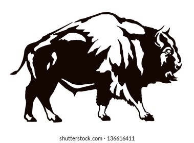 The black figure of a bison on a white background