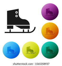 Black Figure skates icon isolated on white background. Ice skate shoes icon. Sport boots with blades. Set icons colorful circle buttons. Vector Illustration