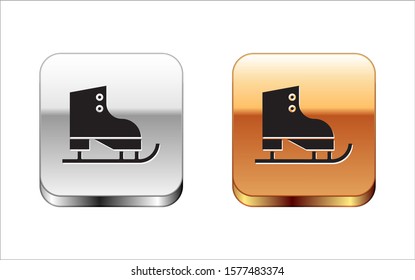 Black Figure skates icon isolated on white background. Ice skate shoes icon. Sport boots with blades. Silver-gold square button. Vector Illustration