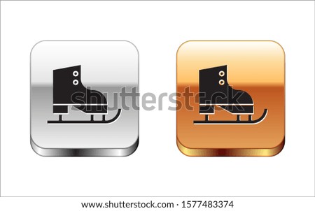 Black Figure skates icon isolated on white background. Ice skate shoes icon. Sport boots with blades. Silver-gold square button. Vector Illustration