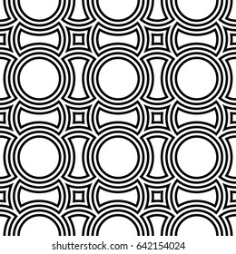 Black figures background. Circles and squares texture. Ethnic motif. Seamless surface pattern design with circular embroidery ornament. Digital paper with rings for textile print, web designing.