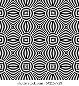 Black figures background. Circles and squares texture. Ethnic motif. Seamless surface pattern design with circular embroidery ornament. Digital paper with rings for textile print, web designing.