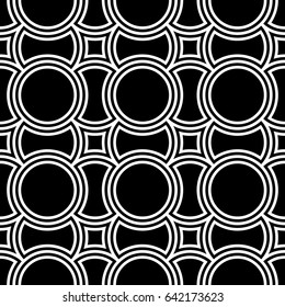 Black figures background. Circles and squares texture. Ethnic motif. Seamless surface pattern design with circular embroidery ornament. Digital paper with rings for textile print, web designing.