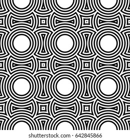 Black figures background. Circles and squares texture. Ethnic motif. Seamless surface pattern design with circular embroidery ornament. Digital paper with rings for textile print, web designing.