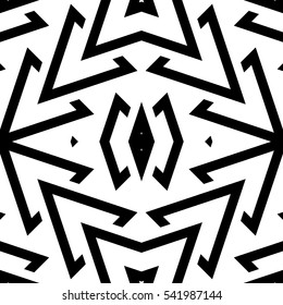 Black figures on white background. Ethnic ornament. Repeated symmetrical shapes wallpaper. Seamless ornamental pattern surface design. Digital paper for page fill, web designing, textile print. Vector