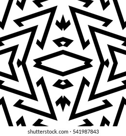 Black figures on white background. Ethnic ornament. Repeated symmetrical shapes wallpaper. Seamless ornamental pattern surface design. Digital paper for page fill, web designing, textile print. Vector