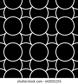 Black figures on white background. Circles and squares texture. Ethnic motif. Seamless surface pattern design with circular embroidery ornament. Digital paper with rings, textile print, web designing.