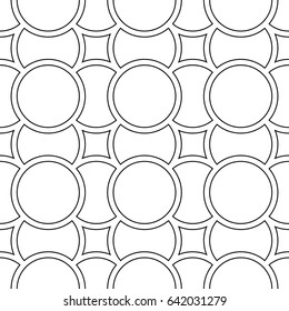 Black figures outlines background. Circles and squares texture. Ethnic motif. Seamless surface pattern design with circular embroidery ornament. Digital paper with rings, textile print, web designing.