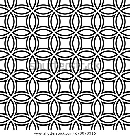 Black figures tessellation on white background. Image with oval and quadrangular shapes. Ethnic arabic mosaic tiles motif. Seamless surface pattern design with interlocking circles ornament. Vector.