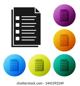 Black File document icon isolated on white background. Checklist icon. Business concept. Set icons colorful circle buttons. Vector Illustration