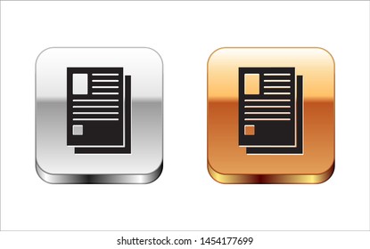 Black File document icon isolated on white background. Checklist icon. Business concept. Silver-gold square button. Vector Illustration