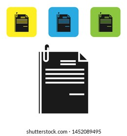 Black File document and paper clip icon isolated on white background. Checklist icon. Business concept. Set icons colorful square buttons. Vector Illustration